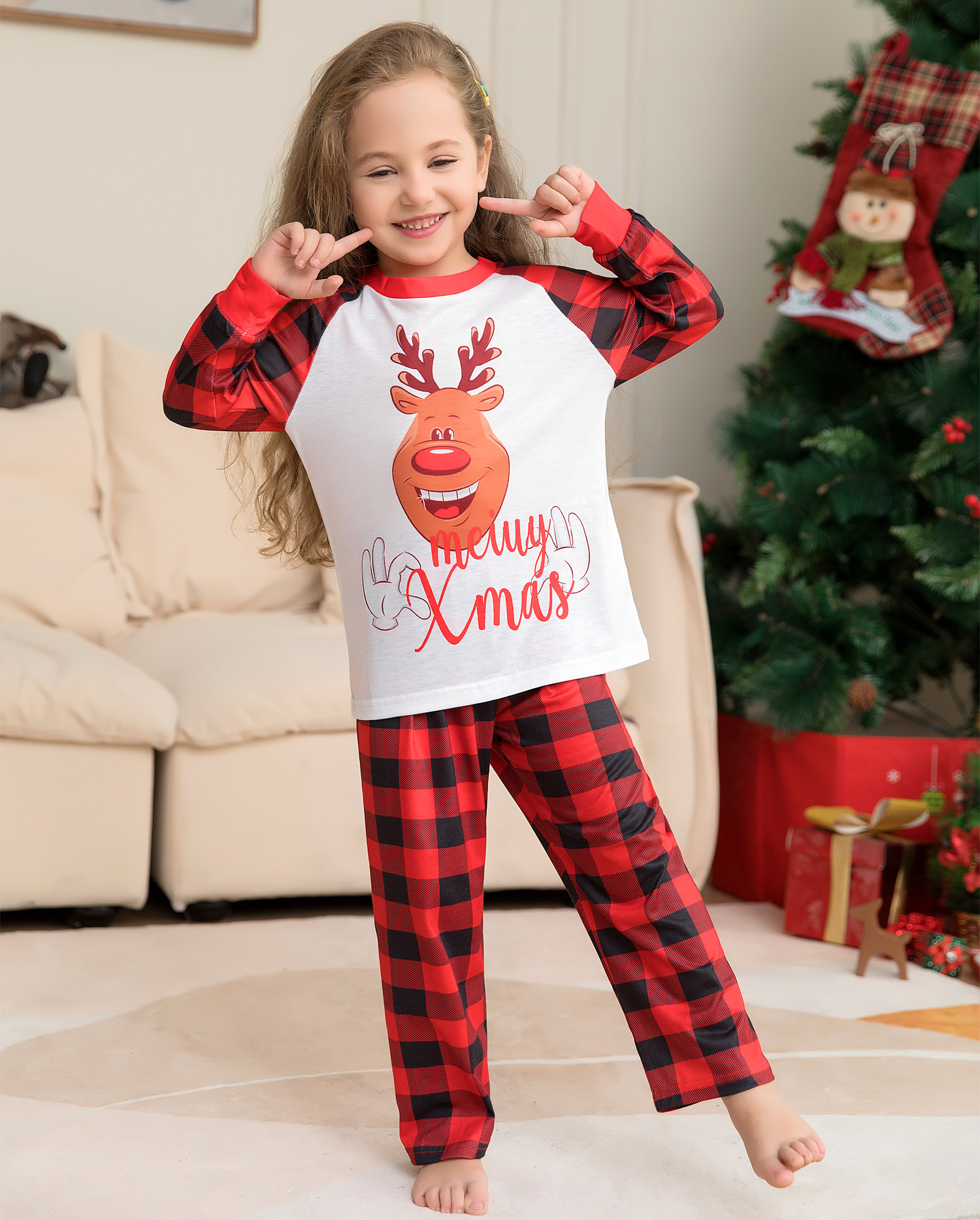 Christmas family set deer head print homewear plaid two-piece pyjamas_voghion.com
