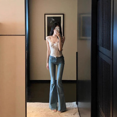 He Chenxi 1 ブルーポケット装飾ブーツカットジーンズ女性の夏のレトロなハイウエストダメージ痩身フロアレングスパンツ