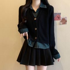 秋季穿搭一整套女2025新款拼接翻领针织上衣搭配时尚百褶裙两件套