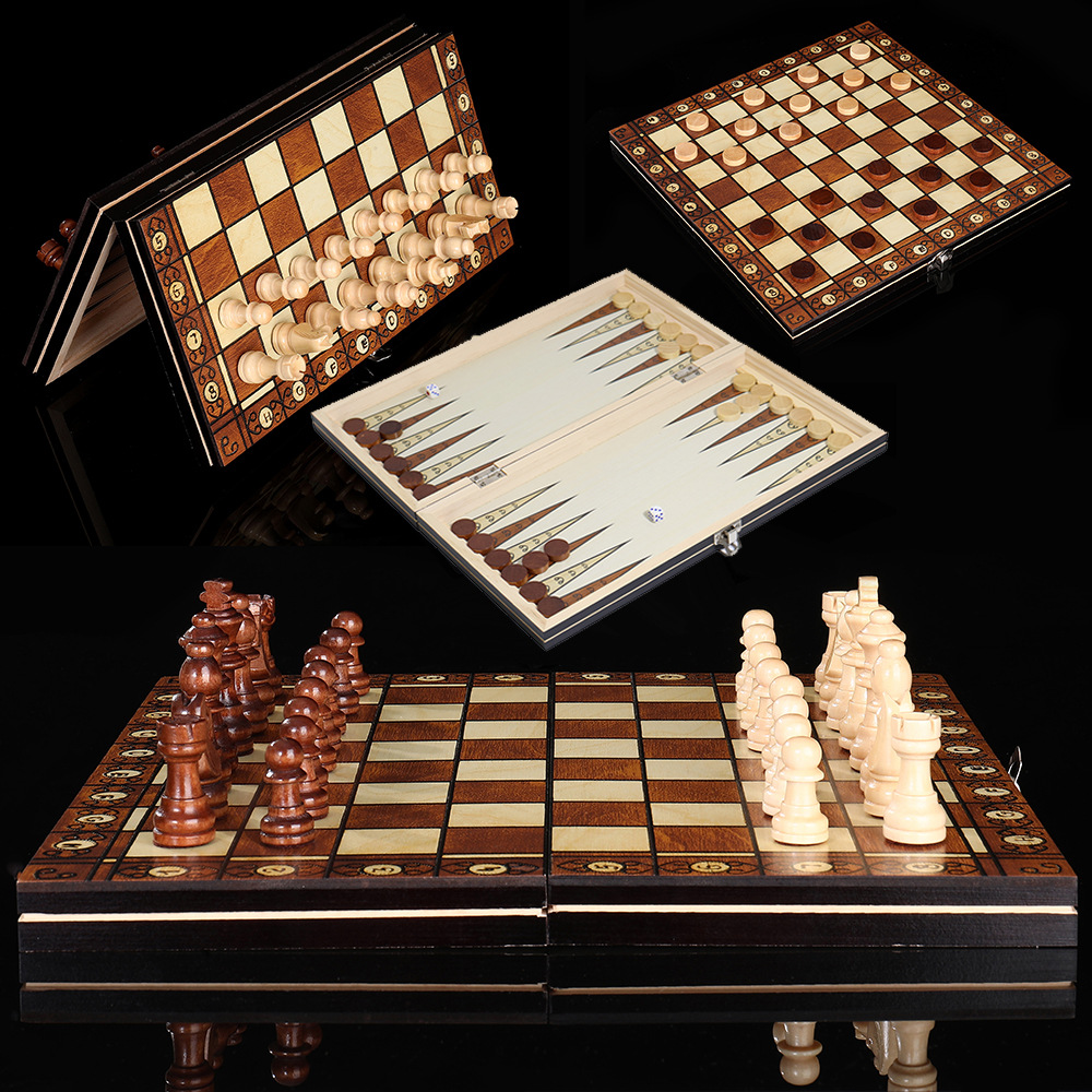 Factory Direct wooden magnetic chess 3-in-1 suit portable foldable educational competitive board game toy
