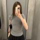Pinch Waist Shoulder T-Shirt White Short-sleeved Women's Spring and Autumn Stretch Slim-fit Hot Girl Short Base Shirt Summer Round Neck Inner Shirt