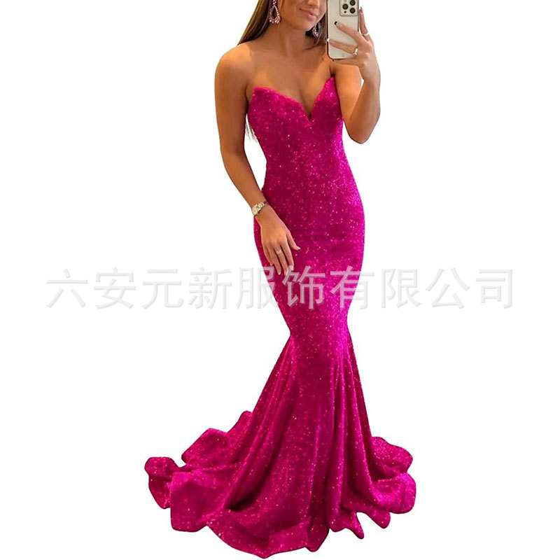 Europeo y americano Comercio exterior Amazon nuevo lentejuelas fishtail sexy V-cuello adelgazamiento largo banquete bola fiesta vestido de noche image 16