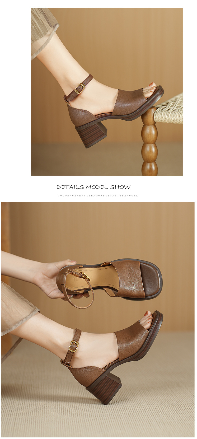 Sandal cao gót nữ hở mũi quai ngang khóa, da dê cao cấp, gót vuông ổn định — đen chi tiết 5