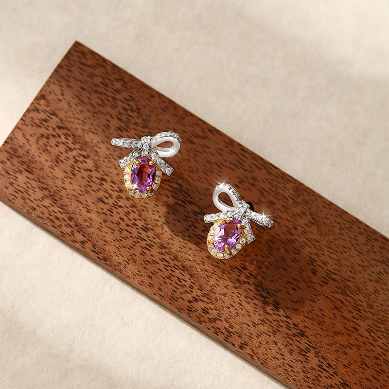 Pendientes de plata de ley S925 con lazo de lujo ligero de nicho, anillo de tesoro de color natural femenino, joyería de alta calidad, joyería que no se desvanece