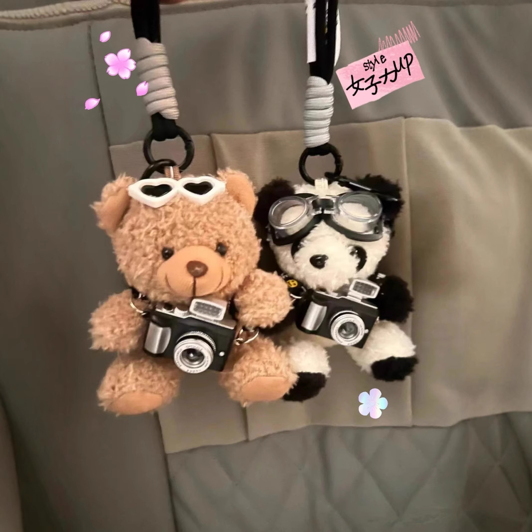 (2개) 귀여운 카메라 곰 인형 펜던트 인형 팬더 커플 가방 펜던트 봉제 인형 선물