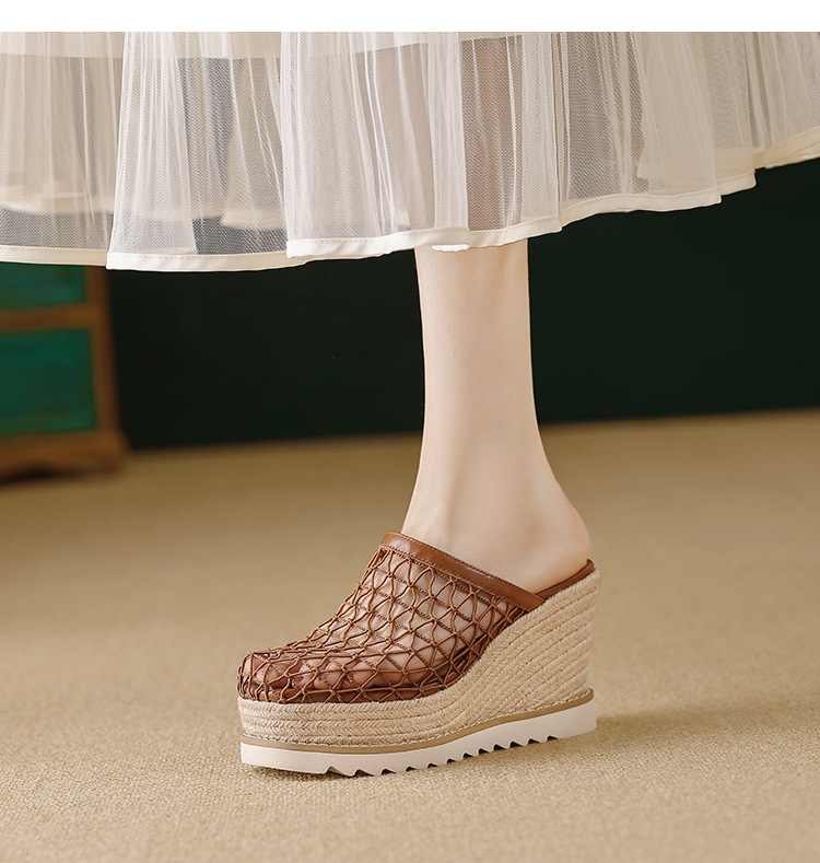 Dép sandal nữ bít mũi đế xuồng cao gót 9 cm phong cách biển — màu nâu, màu đen, màu mơ chi tiết 8