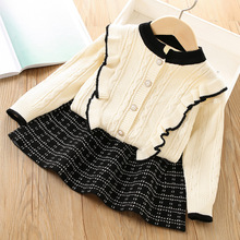 跨境代发女童毛衣套装秋冬新款韩版洋气纯色小女孩针织两件套