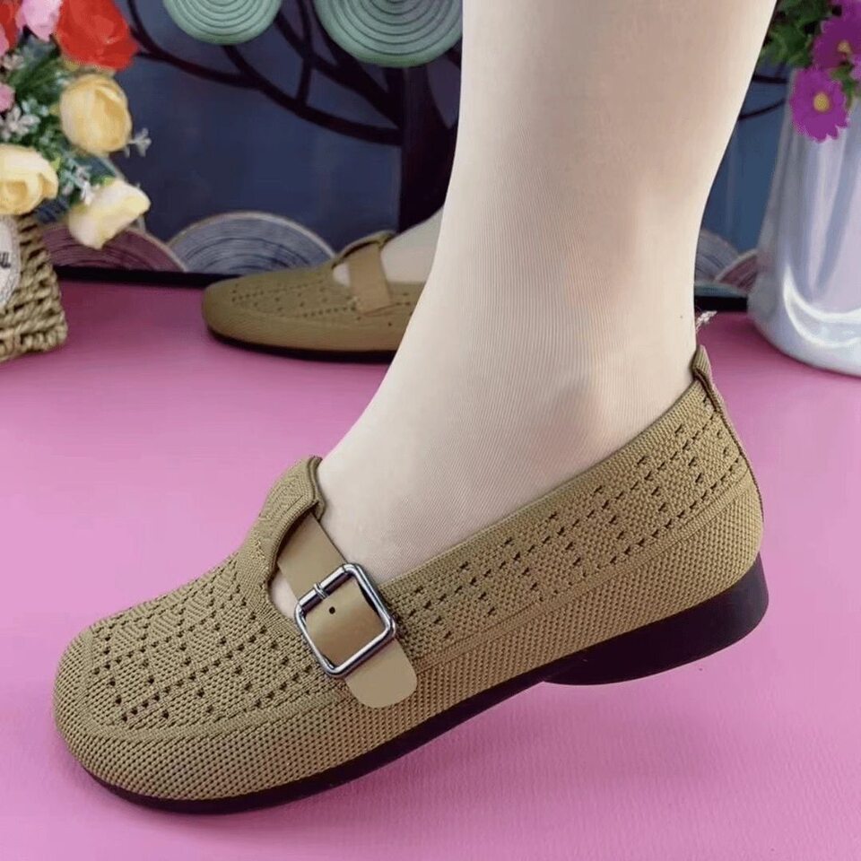 Giày lười nữ thân lưới dệt thoáng khí, đế mềm chống trượt, kiểu xỏ chân tiện lợi — A66 Giày nữ dệt flyknit - Màu nâu cà phê, A66 Giày nữ dệt flyknit - màu trắng kem chi tiết 1