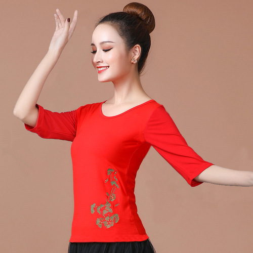 Square Dance Top Women's Short Sleeve Dance Clothes Modal Clothes Embroidered Crew Neck T-Shirt
