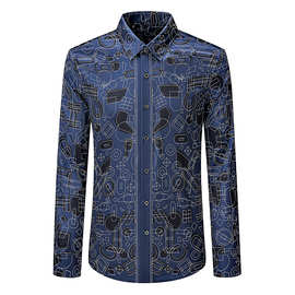 欧美潮牌春秋高级感几何图案印花商务休闲防皱免烫修身长袖衬衫男