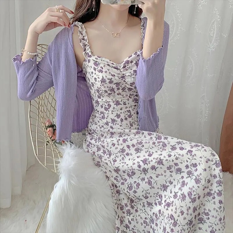 Taro purple dress floral halter skirt cardigan two-piece dress gentle lady temperament dress