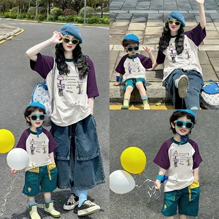 炸街潮牌母女装t恤亲子装韩系大码撞色插肩袖纯棉短袖全家装夏装