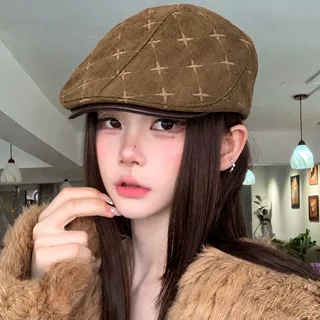 复古刺绣麂皮绒前进帽女秋冬老钱风显脸小贝雷帽时尚鸭舌报童帽