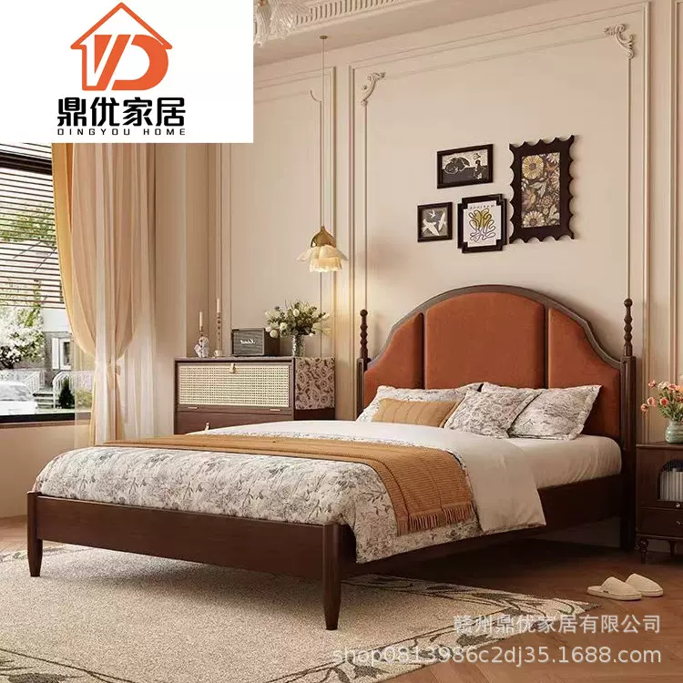 美式中古风实木床卧室1.8米双人床复古罗马柱1.5米软靠婚床单人床