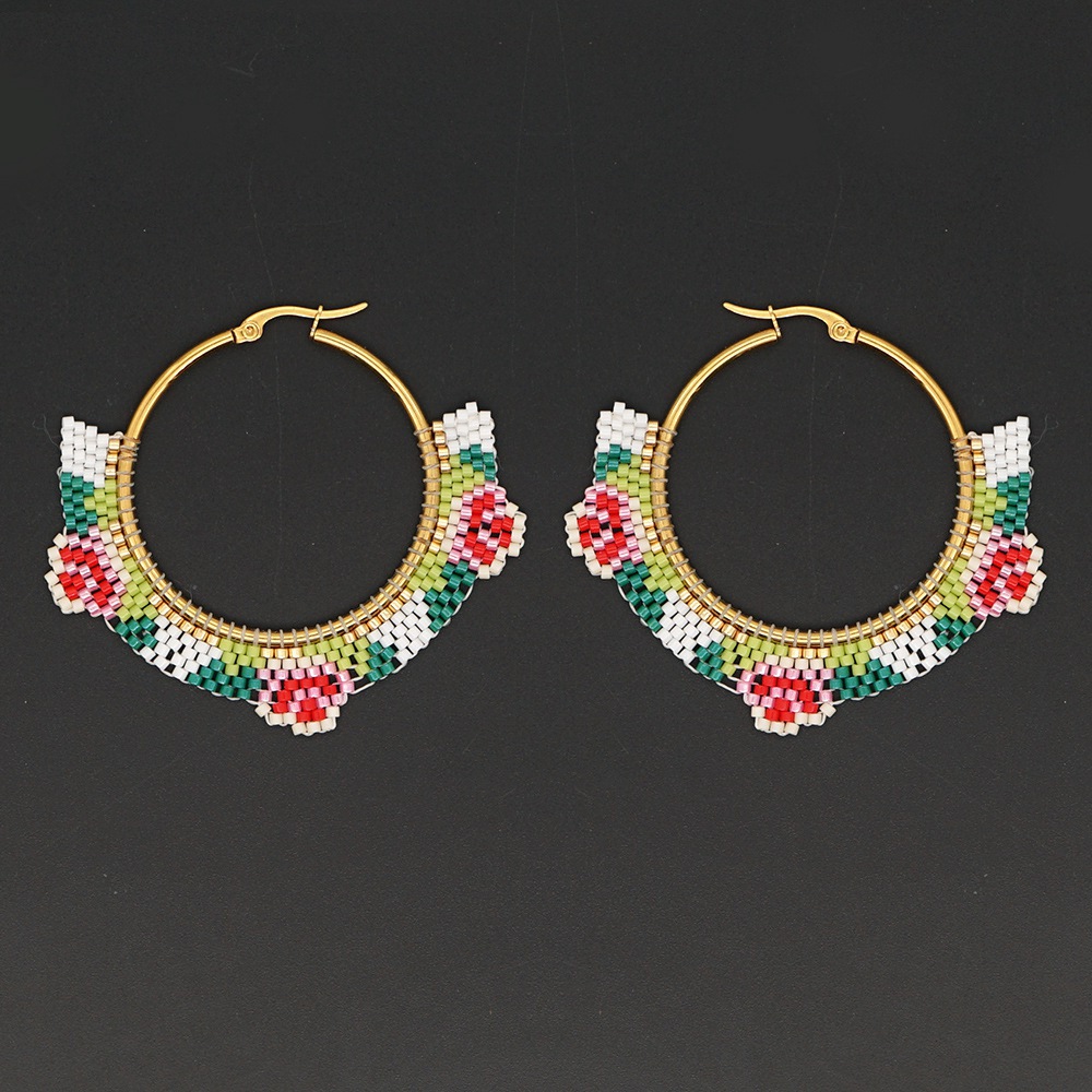 Ethnic Style Miyuki Rice Beads Hand-woven Fashion Rose Flower Hoop Earrings display picture 5