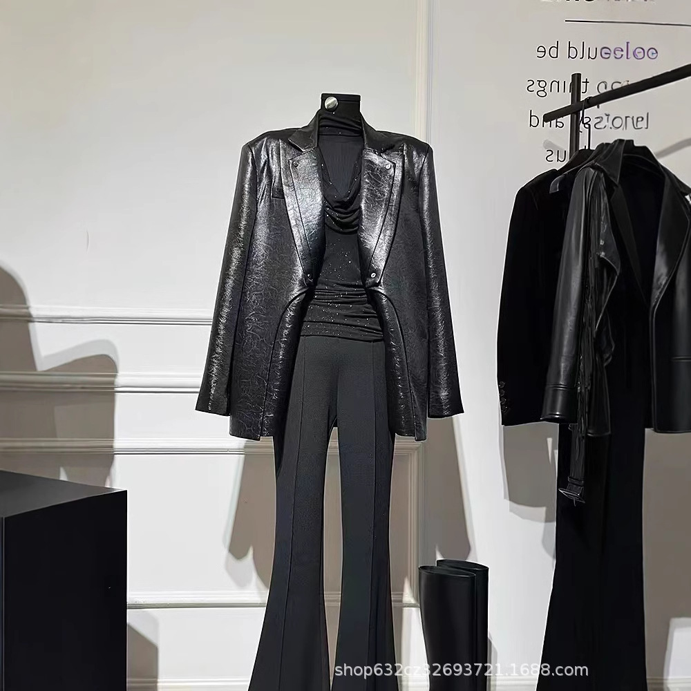 Vintage Black Suit Jacket Women's Autumn High-end Fake Two-piece Fried Street Cool and Scrub PU Leather Jacket Tide