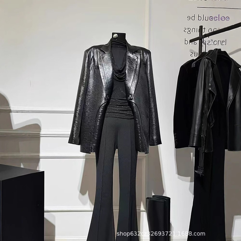 Vintage Black Suit Jacket Women's Autumn High-end Fake Two-piece Fried Street Cool and Scrub PU Leather Jacket Tide