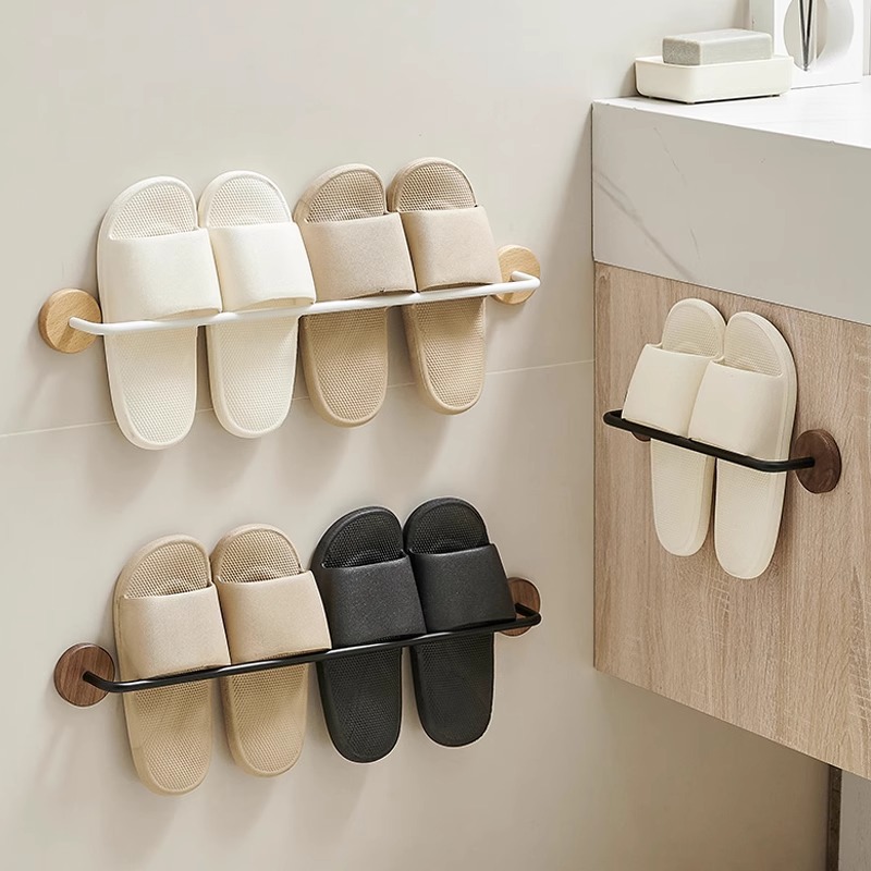 Walnut Bathroom Slipper Rack, No-Drill Toilet Shoe Storage Rack, Wall-Mounted Behind-Door Slipper Draining Rack