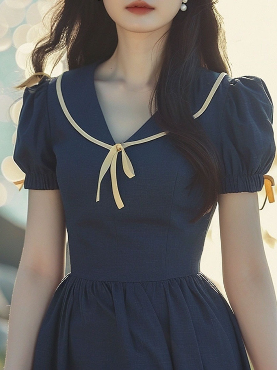 Đầm maxi nữ cổ búp bê xanh navy dáng dài thắt eo mùa hè FL240651 — Màu xanh lam đậm chi tiết 7