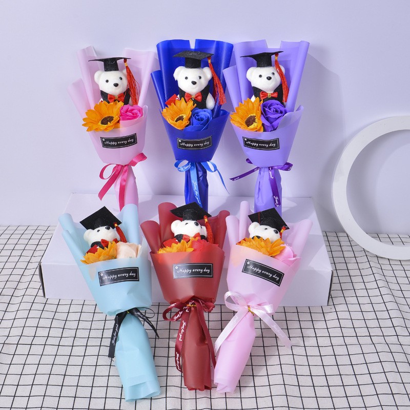 Graduation plush toy bouquet sunflower rose single cartoon bear Teacher's Day gift