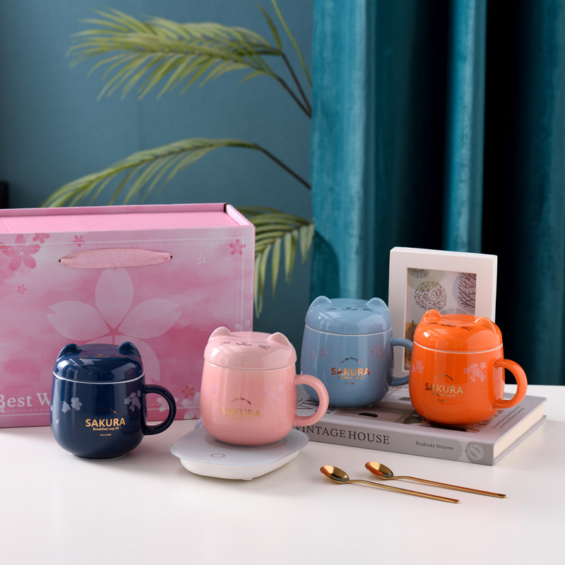 樱花猫暖暖杯加热恒温杯垫陶瓷杯礼盒装卡通动物马克杯伴手礼套装