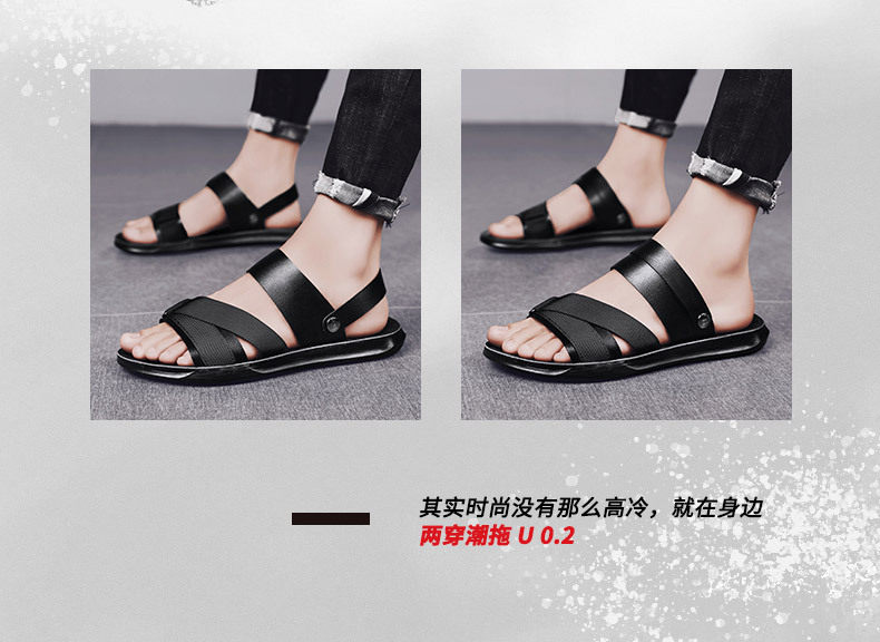 Dép sandal nam quai ngang hở ngón da PU chống trơn trượt, đế mềm thoáng khí đi biển mùa hè — Đen toàn bộ, Đen trắng chi tiết 5