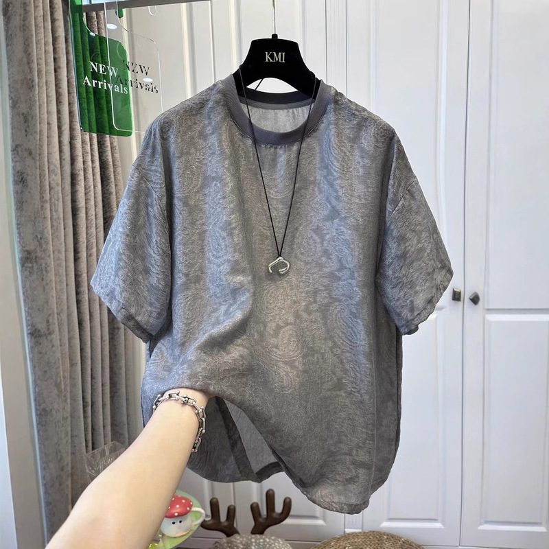 Fat Sister 100kg Large Size Chic Retro Lightweight Jacquard Chiffon Shirt Short-Sleeved T-Shirt Women's Summer Loose Slim Top