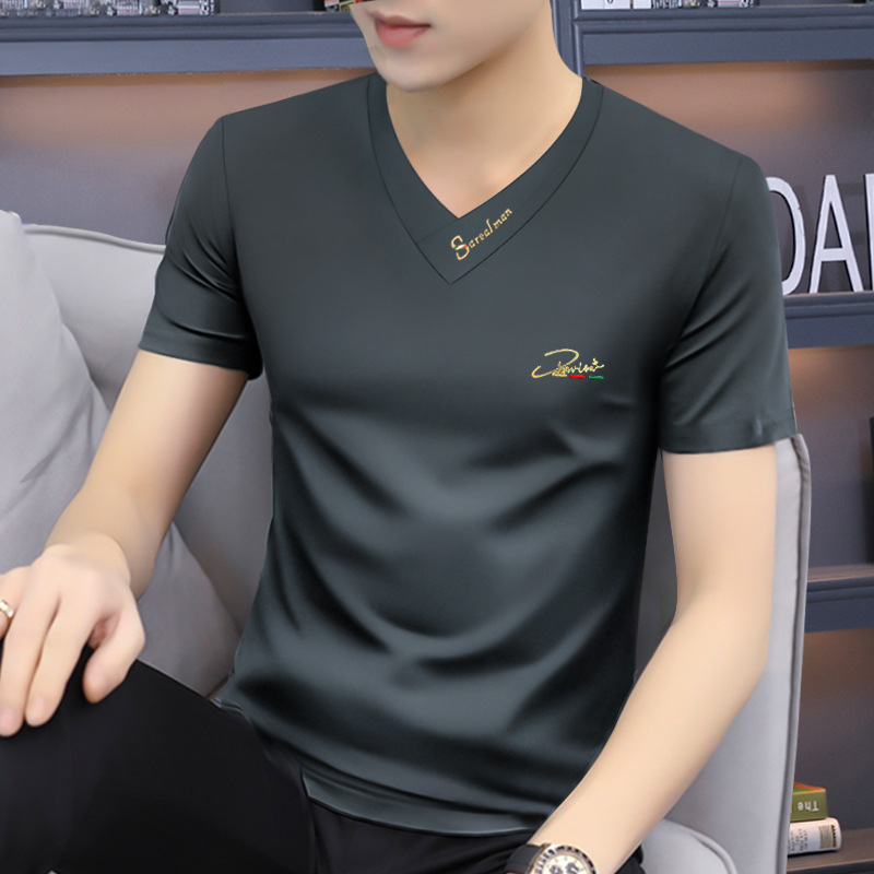 Summer Men's Modal V-Neck Short-Sleeve T-Shirt, Base Layer Half-Sleeve Top, Trendy Dark Gray Men's Fashion Brand