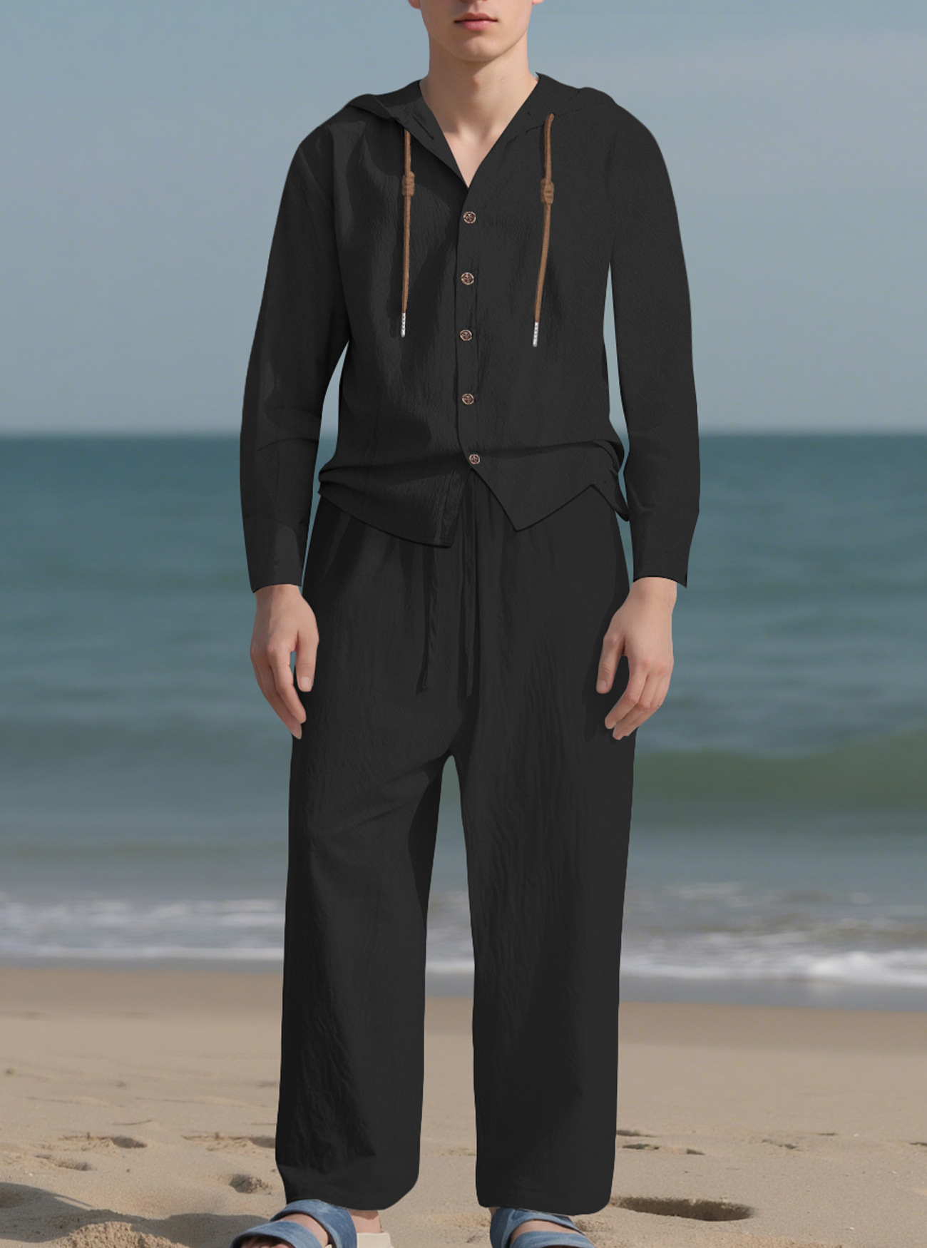 Camisa casual de manga larga de color sólido para hombres europeos y americanos transfronterizos Cárdigan de algodón y lino con cordón con capucha Traje de pantalones de algodón y lino sueltos