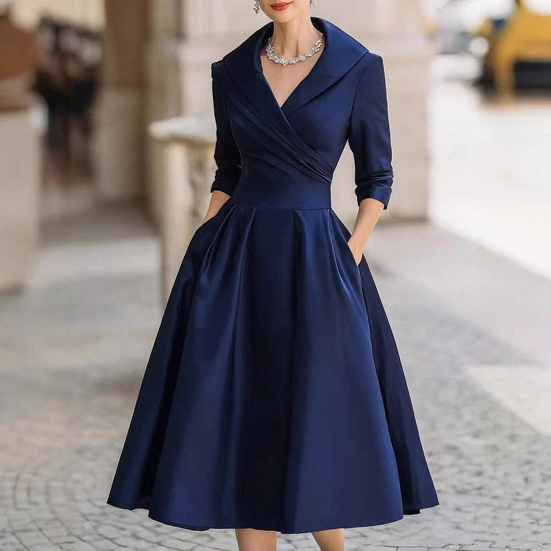 2025 European and American Fashion Amazon Independent Site Elegant Formal Waist Dress Slimming Elegant Long-Sleeved Dress