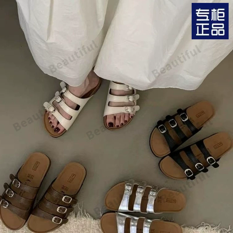 Женские кожаные шлепанцы Birkenstock, лето 2025, новинка, пляжная обувь на трех пуговицах, мягкие сандалии на толстой подошве