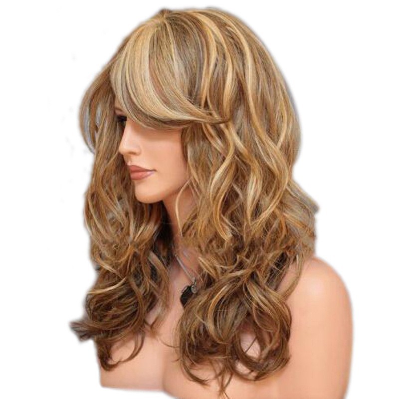 Wish For Women Mixed Gold Medium Long Curly Hair With Side Bangs Synthetic Wig High Temperature Fiber_voghion.com