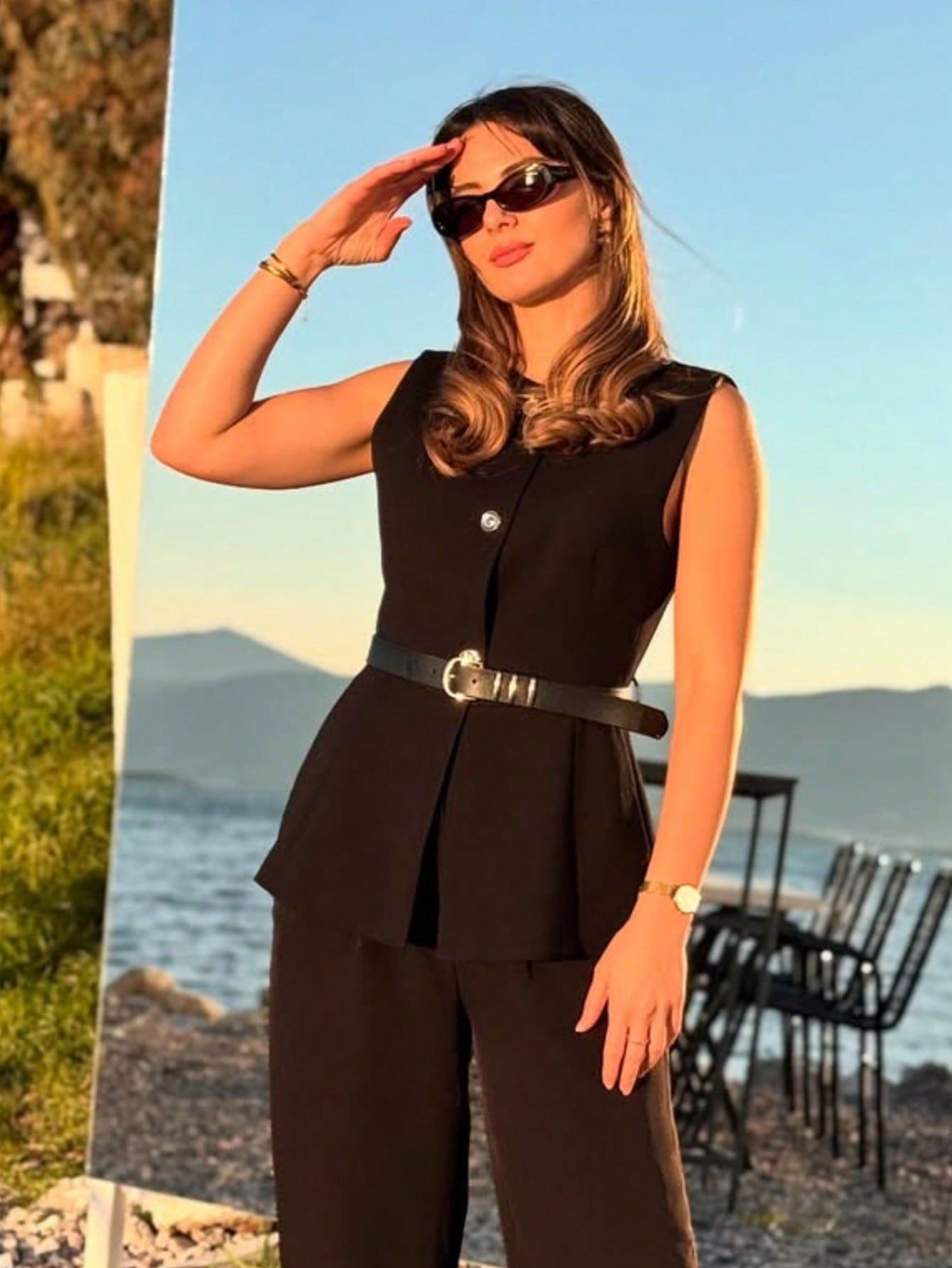 Women's Sleeveless Vest Round Neck Top With Waistband American Style Spring New Collection Regular Polyester_ecoleips.com