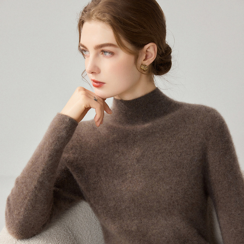 Cross-border 2026 autumn/winter high-end knit sweater for women, featuring a semi-high collar, ribbed design, slim fit, and versatile style as a base layer