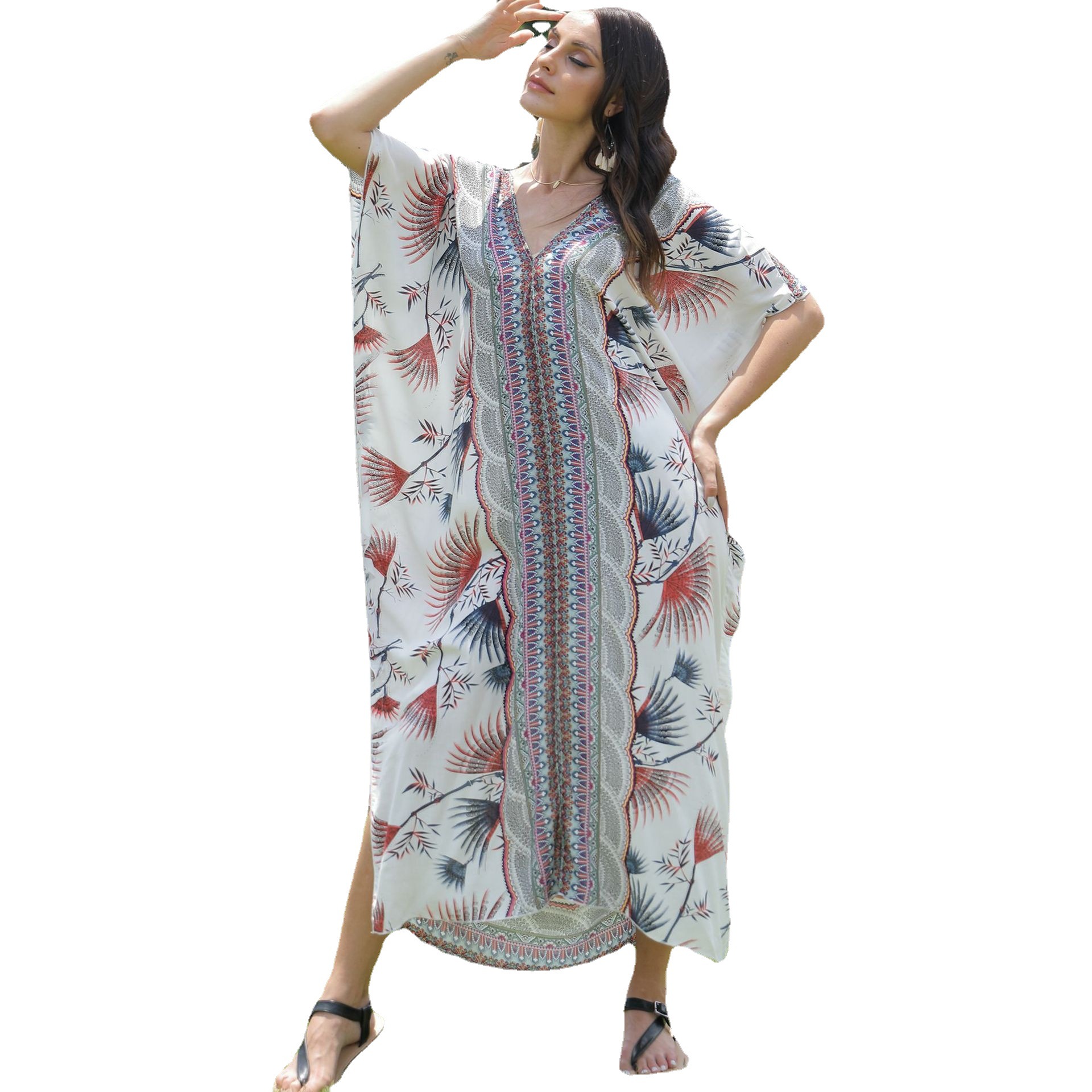 Transfronterizo Amazon deseo europeo y americano casual suelta túnica vacaciones vestido largo playa blusa Batwing manga robe 5d95