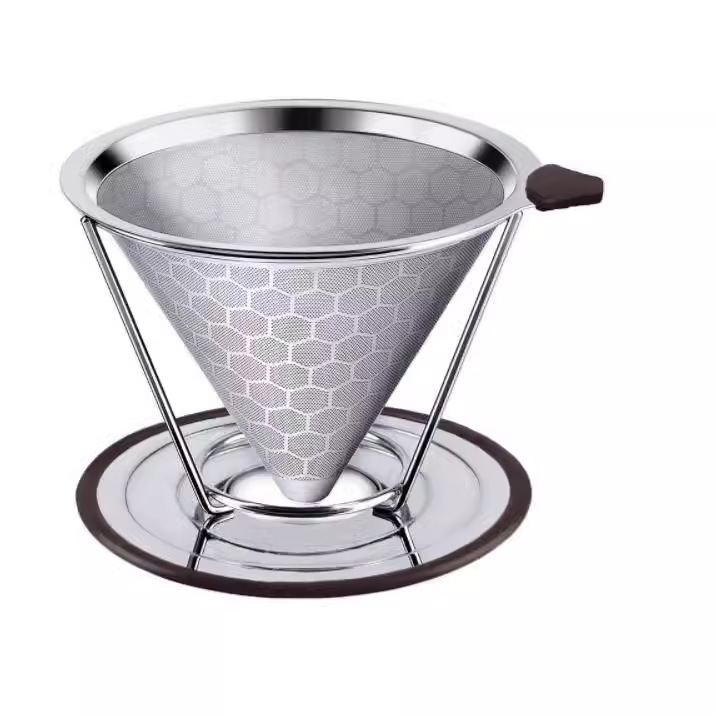 304 Stainless Steel Coffee Filter Double-Layer Filter-Free Funnel Drip Hand-Brewed Coffee Filter with Bracket