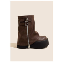 祁晏短靴女厚底增高2024新款夏季棕色小个子裤管松糕底马丁靴