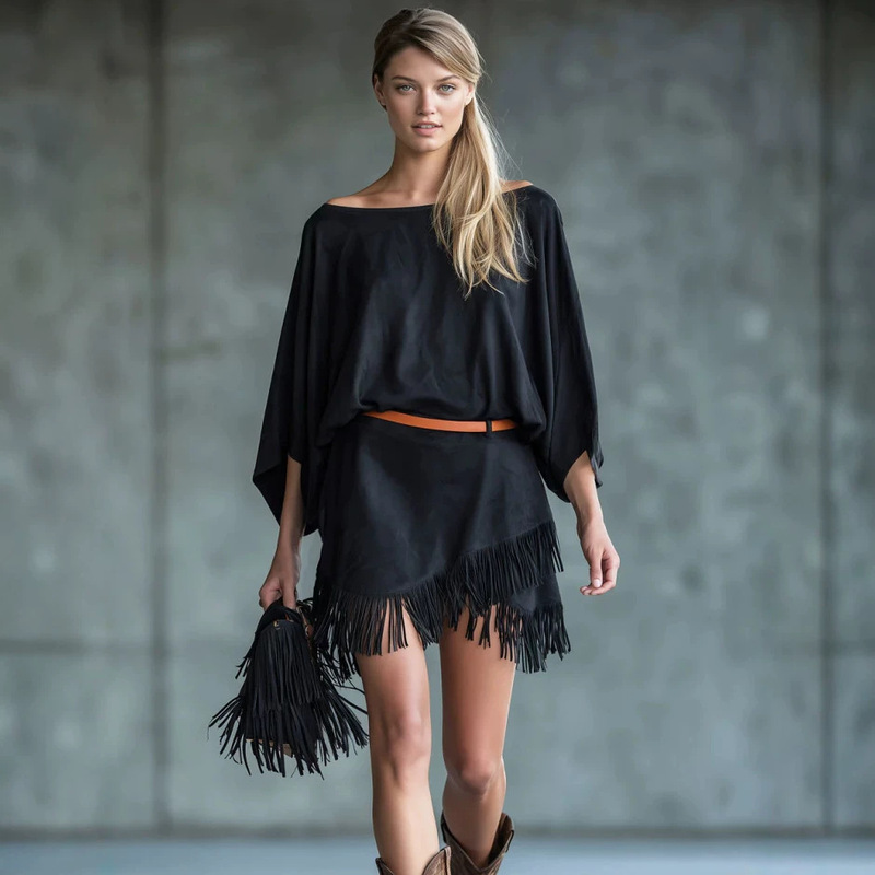 2026 Amazon Independent Store Western Style New One-Shoulder Batwing Sleeve Hem Tassel Women's Dress