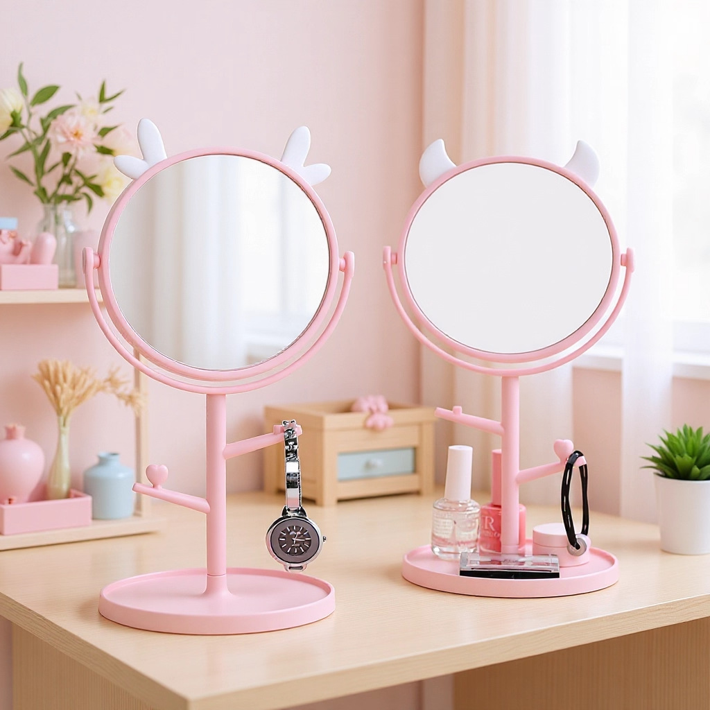 Espejo de Escritorio HD con Orejas de Gato – Espejo Giratorio para Maquillaje