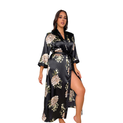 Women's Fashion Loose Printed Pajamas with Simulated Silk Sensual Nightgown