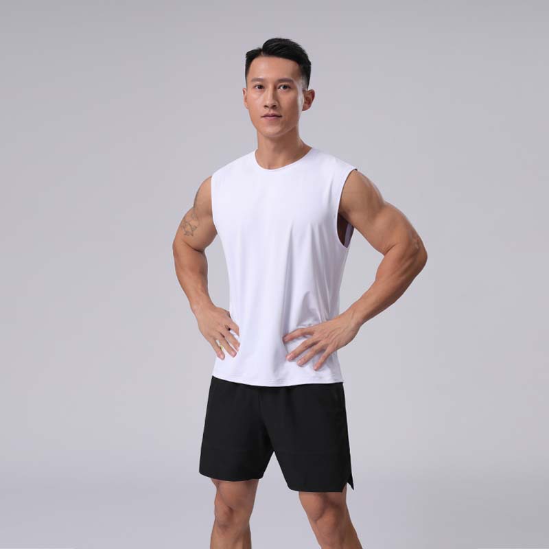 Verano hombres de seda de hielo deportes fitness Chaleco de secado rápido entrenamiento transpirable sin mangas casual suelta cuello redondo corte manga