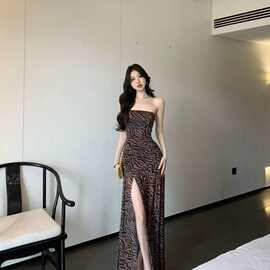 新品欧美性感辣妹抹胸豹纹夏季印花拼接开叉2025收腰紧身包臂裙