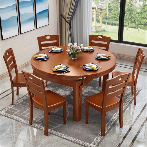 Chinese solid wood dining table platform retractable and foldable rubber wood dining table restaurant furniture one table six chairs factory direct sale