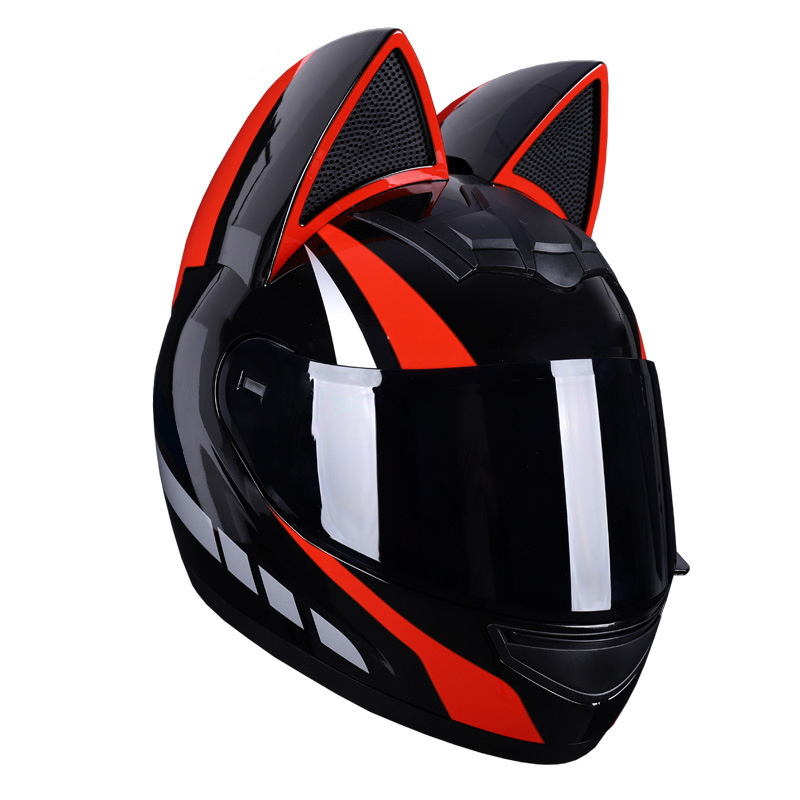 Casco de motocicleta eléctrica HNJ, casco integral con oreja de gato certificado 3C para mujer, verano, se puede equipar con auriculares Bluetooth, casco integral para motocicleta