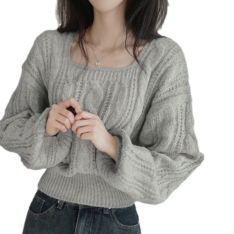 麻花短款毛衣女2025韩版秋冬新款慵懒风纯色灯笼袖方领套头针织衫|undefined