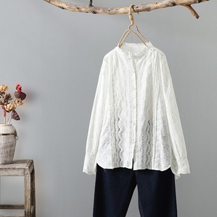 2024 New Lace Stand Collar Embroidered Literary Retro Shirt Women's Autumn New Hollow Loose Long Sleeve Top