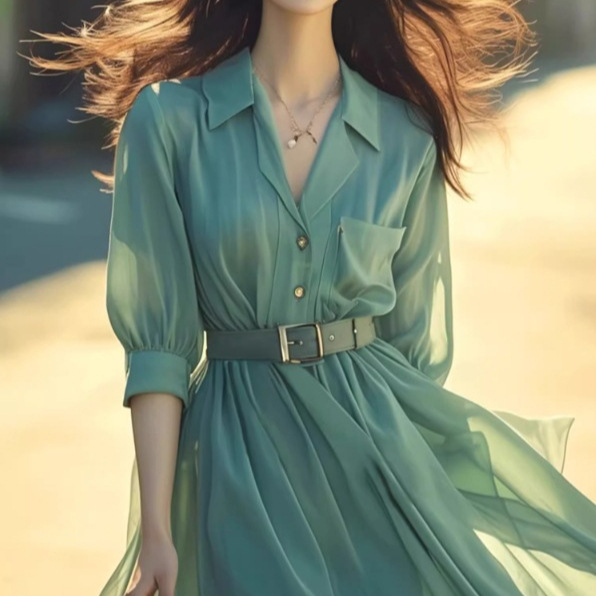 今年流行漂亮薄荷曼波风穿搭气质高级感绿色衬衫真丝雪纺连衣裙夏