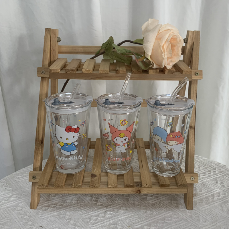 ins Girl Heart Glass Straw Water Cup Cute Large Capacity High Beauty Covering Graduation Cow Milk Tea Cup 