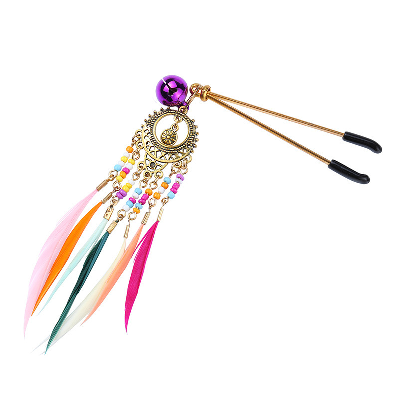 Vintage Metal Nipple Clamps with Feather Tassels, Bohemian Style Pair — detail image 10