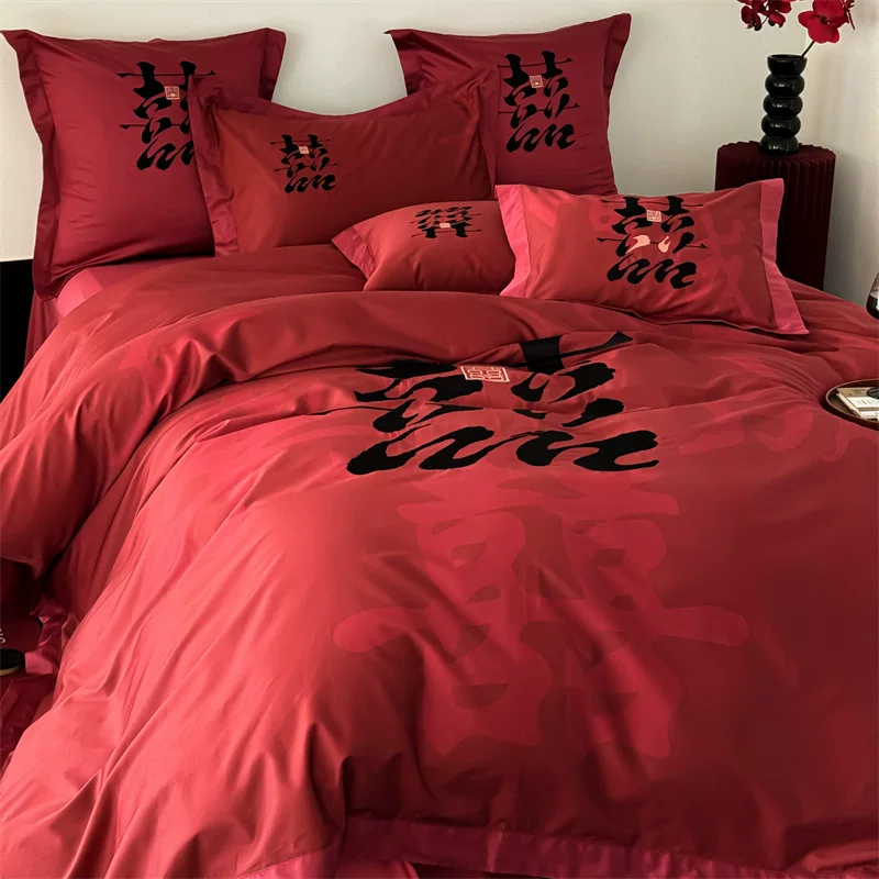 Elite cotton set, red bedspread, 4 piece set, with embroidery